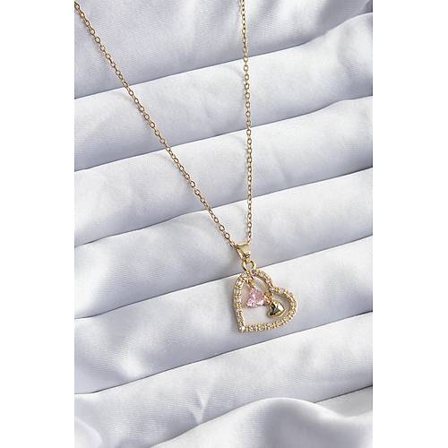 316L �elik Gold Renk Zincir Zirkon Ta�l� Kalp Model Kad�n Kolye