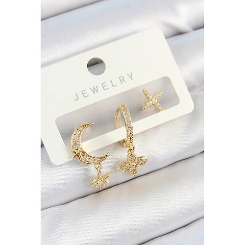 Pirin� Zirkon Ta�l� �i�ek Ve Ay Model Gold Renk 3'l� �ift Kad�n K�pe Set