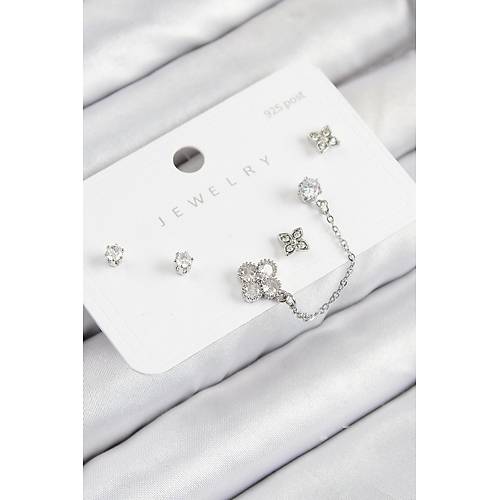 Pirin� Zirkon Ta�l� Yonca Model G�m�� Renk 925 Ayar G�m�� �ivi Kad�n K�pe Set