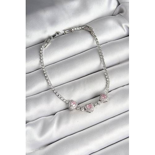 Pirin� S�ral� Pembe Kalp Fig�rl� Zirkon Ta�l� G�m�� Renk Kad�n Bileklik