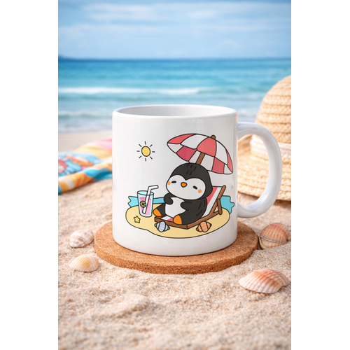 Sevimli Penguen Yaz Tatili Tasar�ml� Porselen Kupa MODEL 200 � Penguen Bask�l� Kahve Kupas� � Yaz Temal� E�lenceli Hediye Kupa