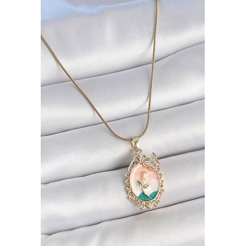 316L �elik Gold Renk Zincir Mix Renk �i�ek ��lemeli Zirkon Ta� Detayl� Portre Model Kad�n Kolye