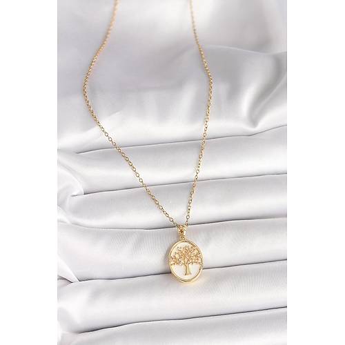 316L �elik Gold Renk Zincir Zirkon Ta� Detayl� Beyaz Mineli A�a� ��lemeli Portre Model Kad�n Kolye