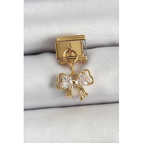 316L �elik Sallant�l� Zirkon Ta�l� Fiyonk Model Gold Renk Nomination Charm