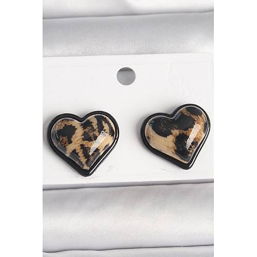 Pirin� Siyah Renk Leopar Desen 3D Kalp Model Kad�n K�pe