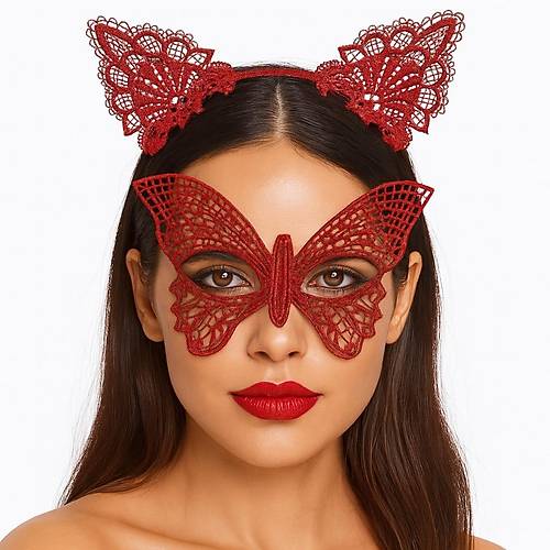 G�steri�li K�rm�z� Dantel Maske ve Ta� Seti 7 No � Masquerade ve Davetler i�in