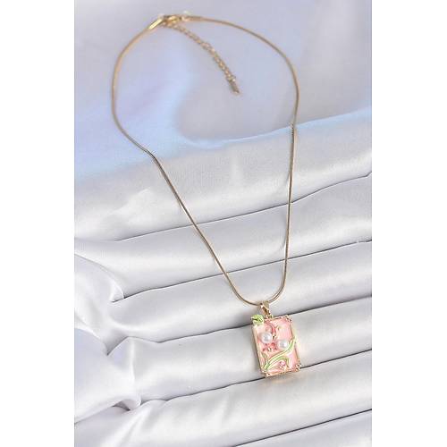 316L �elik Gold Renk Zincir Pembe Mineli �ncli �i�ek ��lemeli Portre Model Kad�n Kolye