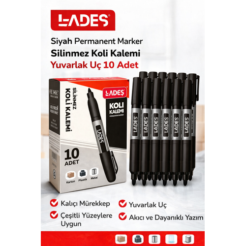 Lades Siyah Permanent Marker Silinmez Koli Kalemi Yuvarlak U� 10 Adet