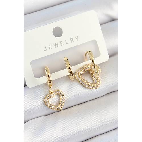 Pirin� Zirkon Ta�l� Kalp Model Gold Renk 3'l� �ift Kad�n K�pe Set