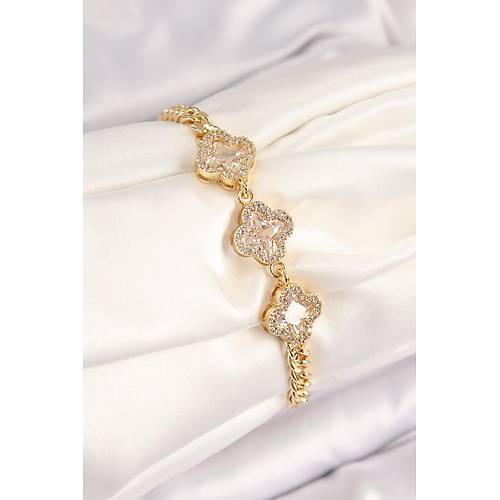 Pirin� Zirkon Ta�l� Yonca Model Gold Renk Kad�n Bileklik