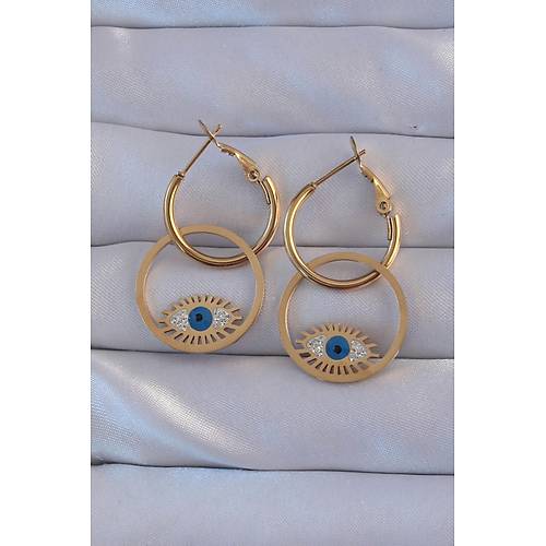 316L �elik Gold Renk Zirkon Ta�l� Mavi G�z Tasar�ml� Halka K�pe