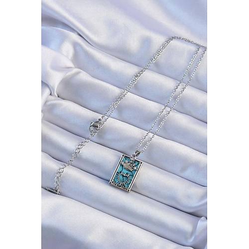 316L �elik Zincir G�m�� Renk Zirkon Ta�l� Mavi Mermer Desenli Ta� Model Tarot Kolye
