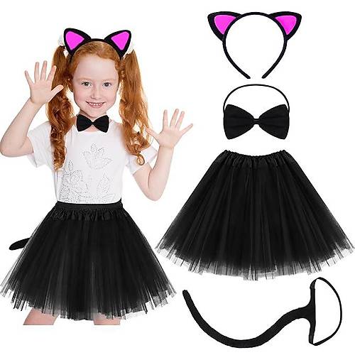 Kedi Kulak Ta� Etek Kuyruk ve Papyon 4 l� Set �ocuk Fu�ya