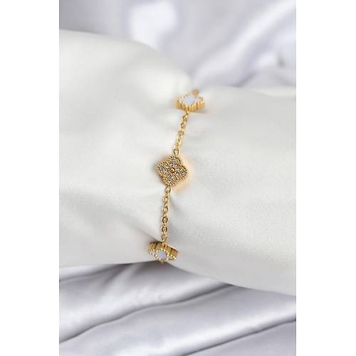 316L �elik Gold Renk Beyaz ve Zirkon Ta�l� Baby Boy Yonca Kad�n Bileklik