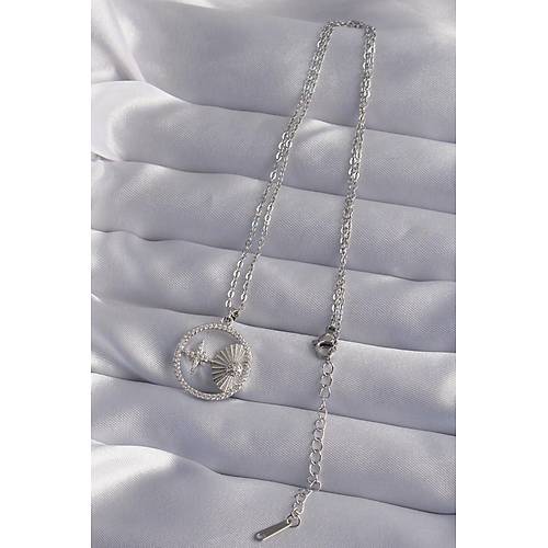 316L �elik Zincir G�m�� Renk Zirkon Ta�l� Y�ld�z Fig�rl� Oval Kolye