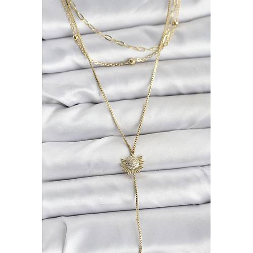 Pirin� Gold Renk Zirkon Ta�l� G�ne� Model Detayl� 3'l� Kombin Y Kad�n Kolye