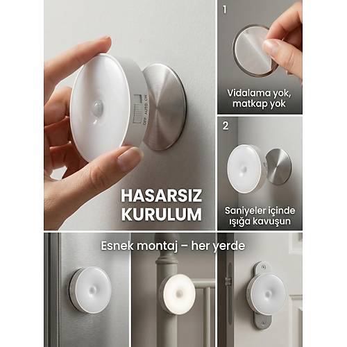 Hareket Sens�rl� Yuvarlak LED Ayd�nlatma & USB �arjl� Pratik Gece Lambas� (8 cm)