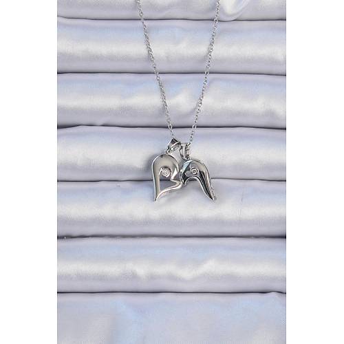 316L �elik Zincir G�m�� Renk Zirkon Ta�l� M�knat�sl� Kalp Kolye