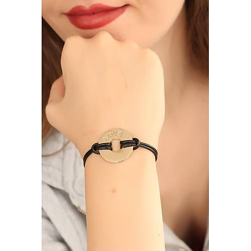 LOVE (A��k) Siyah Deri �pli Unisex Mood Bileklik