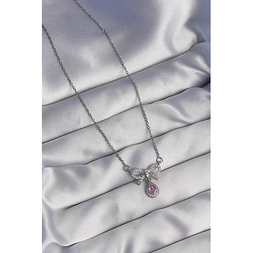 316L �elik G�m�� Renk Fiyonk Detay Pembe Zirkon Ta�l� Damla Kolye