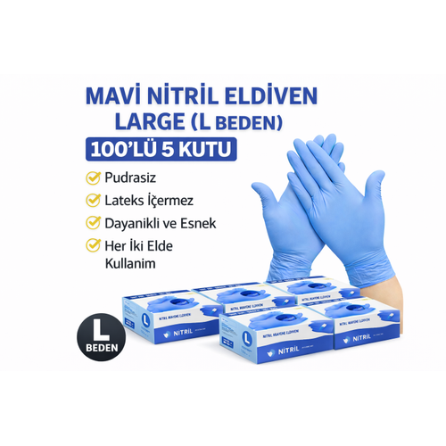 Mavi Nitril Eldiven Large L Beden Pudras�z 100�l� 5 Kutu Tek Kullan�ml�k Muayene Eldiveni Lateksiz Koruyucu Eldiven Seti