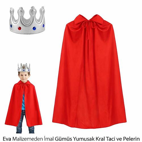 Eva Malzemeden G�m�� Yumu�ak Kral Tac� ve K�rm�z� Pelerin Seti