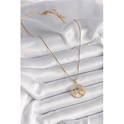 316L �elik Gold Renk Zincir Zirkon Ta�l� Y�ld�z ��leme Madalyon Model Kad�n Kolye