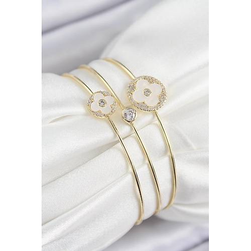 Pirin� Zirkon Ta�l� Yonca Model Gold Renk Vip 3'l� Kad�n Bileklik