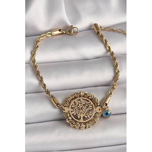 316L �elik Gold Renk Burgu Zincir Model Dorika Ya�am A�ac� Fig�r Nazar Boncuk Detay Kad�n Bileklik