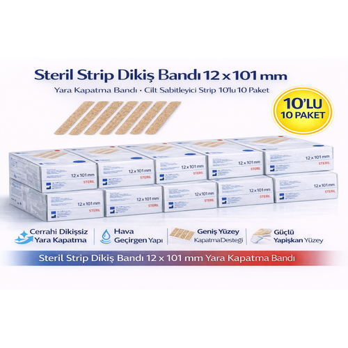 Steril Strip Diki� Band� 12 x 101 mm Yara Kapatma Band� Cilt Sabitleyici Strip 10�lu 10 Paket