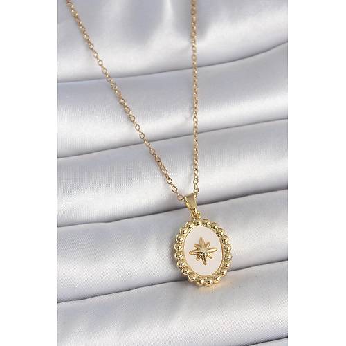 316L �elik Gold Renk Zincir Beyaz Mineli Kutup Y�ld�z ��lemeli Madalyon Model Kad�n Kolye