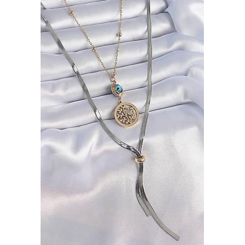 316L �elik Mix Renk Filiz Fig�r Nazar Boncuk Detay Uzun Kad�n Kolye
