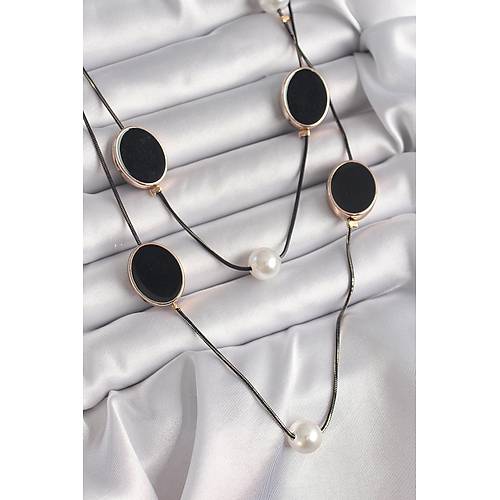 Pirin� Siyah Renk Zincir �nci Detayl� �oklu Kad�n Kolye