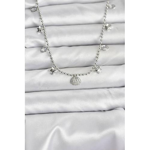 Pirin� G�m�� Renk Zirkon Ta�l� Deniz Kabu�u Model Kad�n Kolye