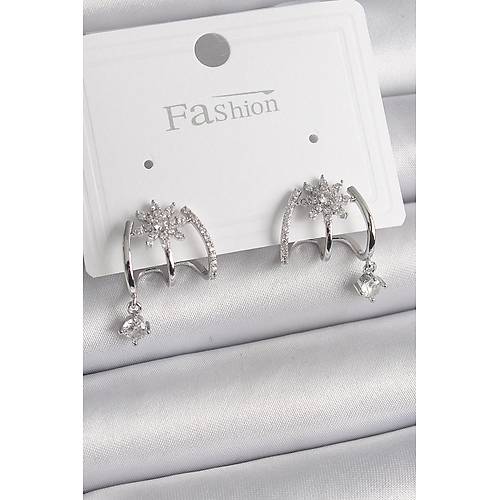 Pirin� G�m�� Renk Zirkon Ta�l� �i�ek Fig�r Sallant� Detay Kad�n K�pe