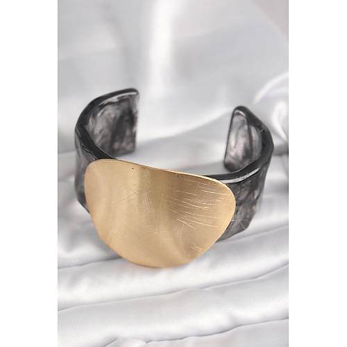 Siyah Mermer Desen Akrilik Plastik Gold Daire Plaka Model Vintage Kad�n Bilezik