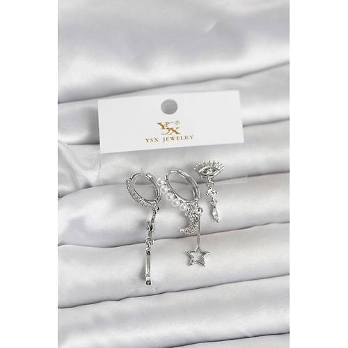 Pirin� G�m�� Renk Zirkon Ta�l� Gece Temal� 3'l� Kad�n K�pe