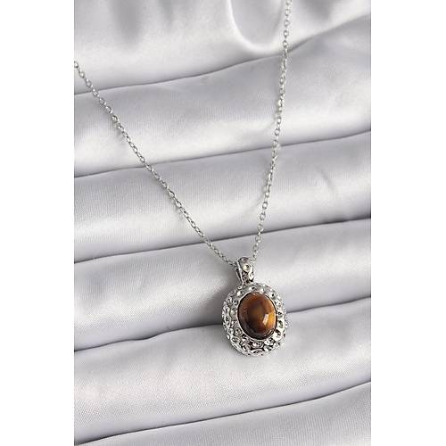 316L �elik G�m�� Renk Zincir Kehribar Boncuk Model Kad�n Kolye