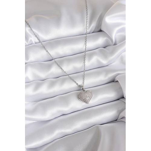 316L �elik Zincir G�m�� Renk Zirkon Ta� Detay Kalp Model Kad�n Kolye