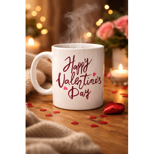 Happy Valentine�s Day Bask�l� Porselen Kupa Model 2 � Sevgililer G�n� �zel Tasar�m