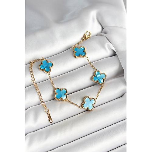 316L �elik Sedefli G�ky�z� Mavisi Gold Renk Yonca Kad�n Bileklik
