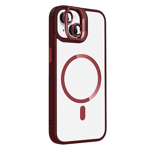 iPhone 15 Plus Remim Lensli Magsafe Standl� Kapak - Bordo