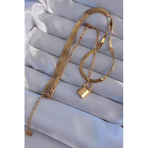 316L �elik Gold Renk �ift Zincir Kilit Model Kolye