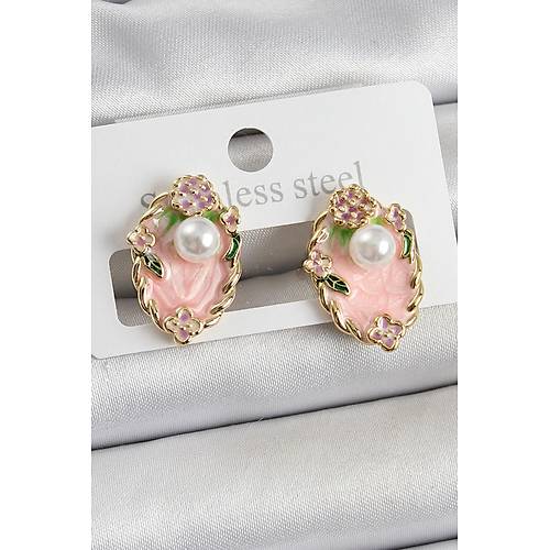 Pirin� Pembe Mineli �nci Detayl� Sanatsal Portre Model Gold Renk Kad�n K�pe