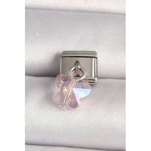 316L �elik G�m�� Renk Pembe Zirkon Ta�l� Kelebek Model Nomination Charm