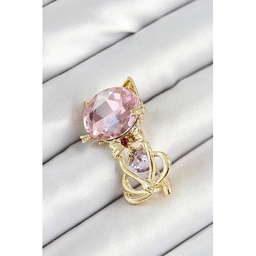 Pembe Zirkon Ta�l� Kap Detayl� Kedi Fig�rl� Gold Renk Kad�n Bro�