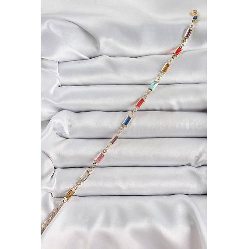 Pirin� Gold Renk Kar���k Renkli Kare Zirkon Ta�l� Kad�n Bileklik