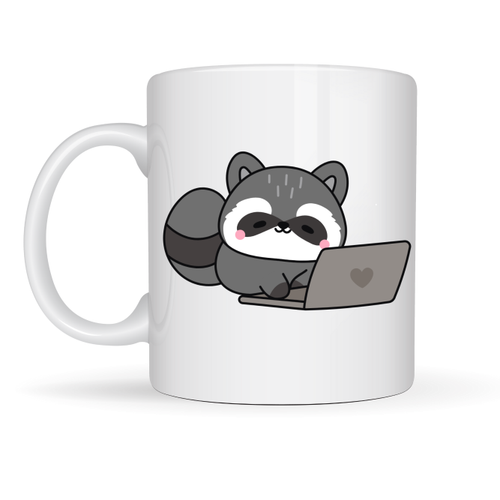 Laptoplu Sevimli Rakun Desenli Porselen Kupa MODEL 114 � Ofis ��in E�lenceli Kahve Kupas� , �al��anlara �zel Tatl� Hediye