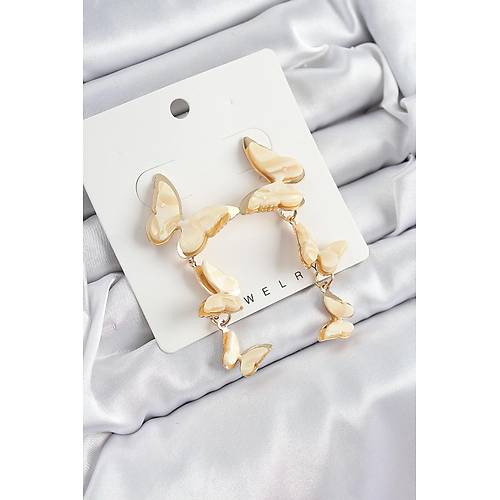 Pirin� Sedef Sallant�l� Mermer Desenli Kelebek Model Gold Renk Vintage Kad�n K�pe