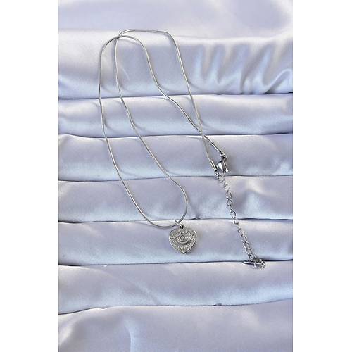 316L G�m�� Renk Zirkon Ta�l� ��lemeli G�z Detay Kalp Kolye